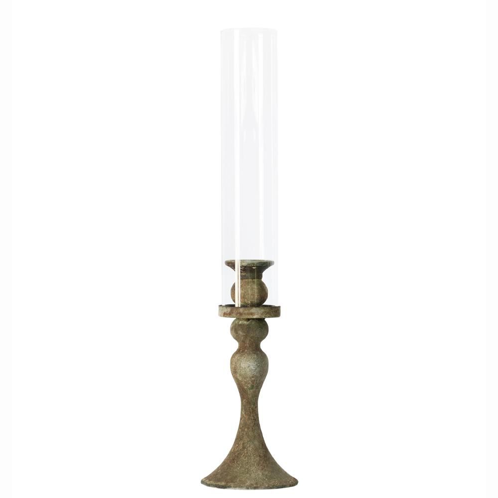 CANDELIERE METALLO C/PARAFIAMMA D.10 CM H.48 CM (L) PATINA VERDE