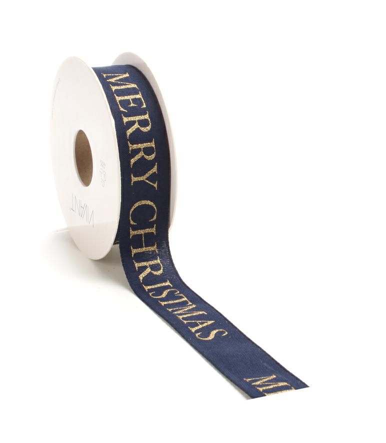 NASTRO COTONE 25MM 15MT -MERRY CHRISTMAS- BLU/ORO