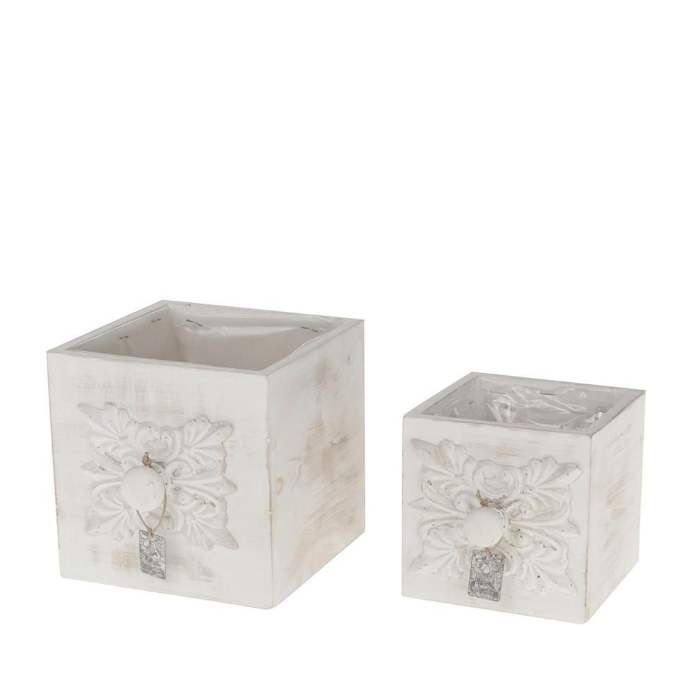 SET 2 CASSETTI LEGNO C/PLASTICA 15X15 CM H.15 CM BIANCO SET 2 CASSETTI LEGNO C/PLASTICA 15X15 CM H.15 CM BIANCO