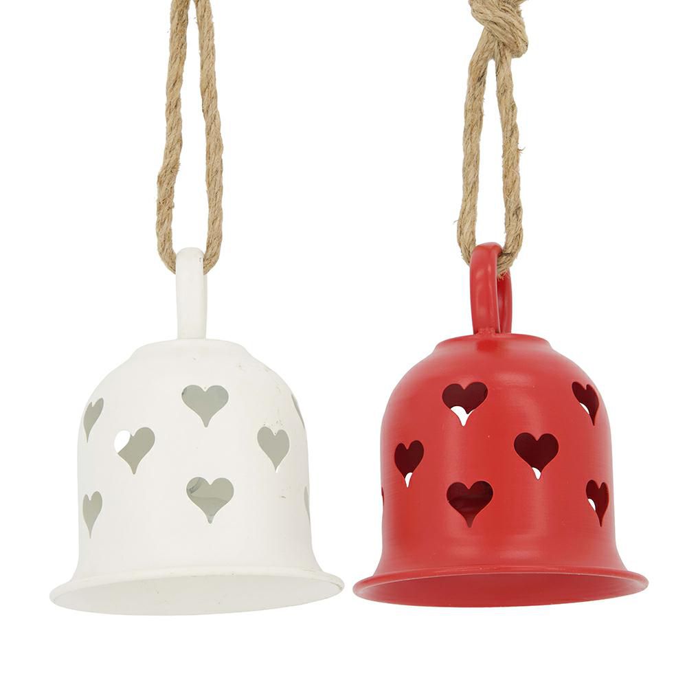 SET 2 CAMPANE METALLO D’APPENDERE D.12,5 CM H.15 CM ROSSO/BIANCO