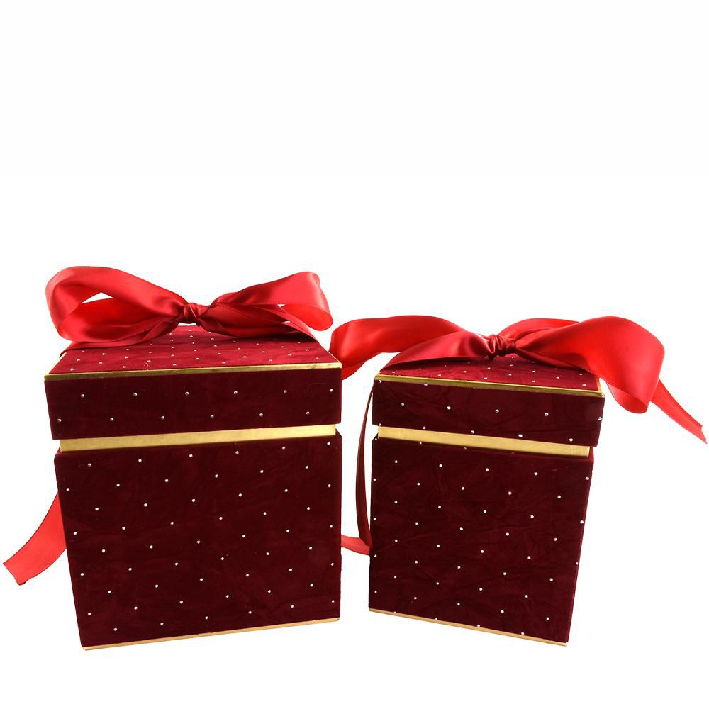 SET 2 SCATOLE QUADRATE C/FIOCCO 12,7-16,2X16,2-17,1 CM BORDEAUX