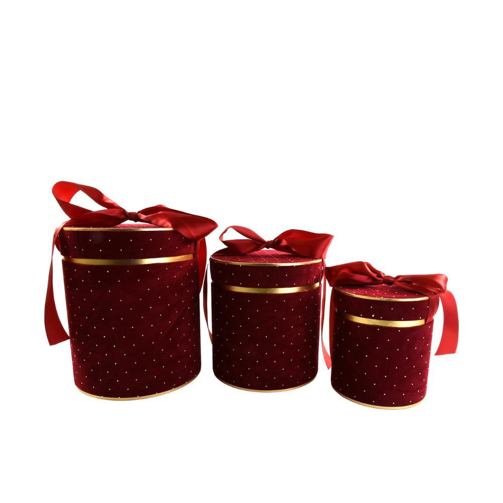 SET 3 SCATOLE CILINDRO C/FIOCCO 14,5/18,7/21,7 H.16,20,25 ROSSO