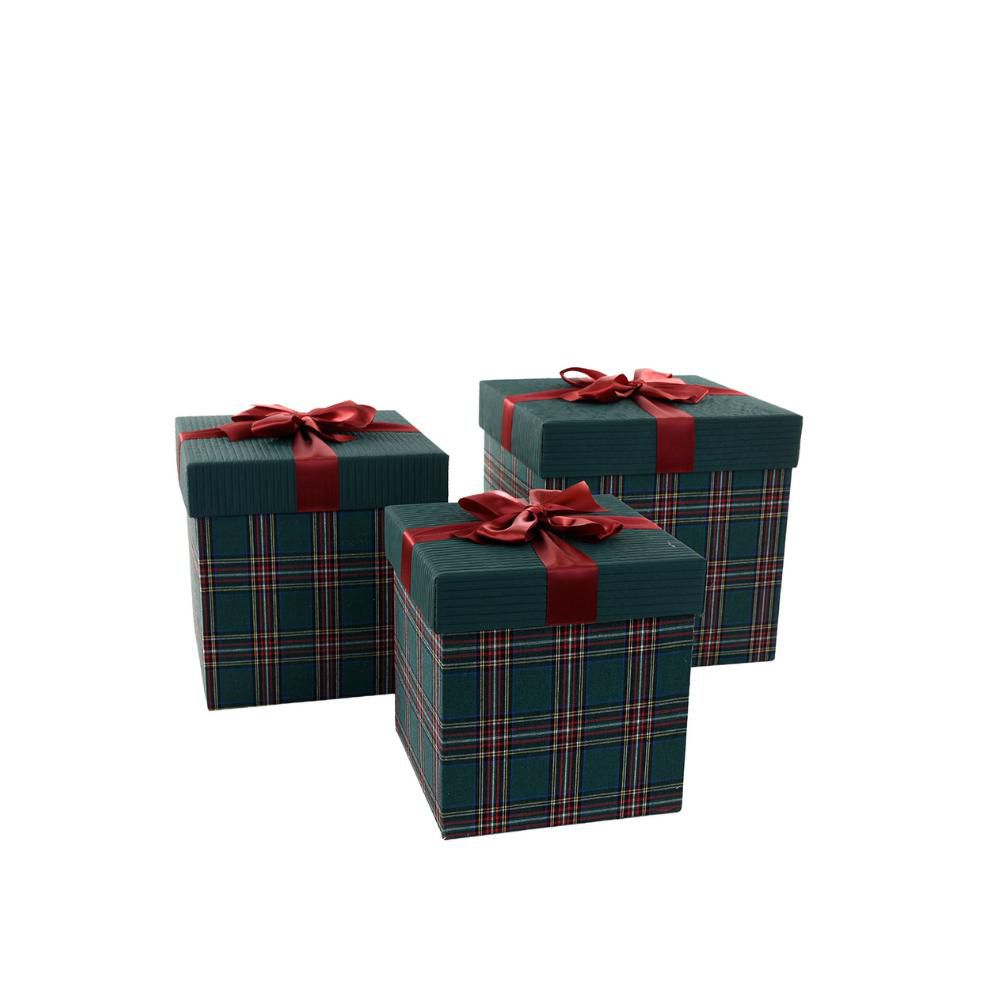 SET 3 SCATOLE QUADRATO 26,5/23,5/20,5 H.26/23,5/21 CM TARTAN/VRD