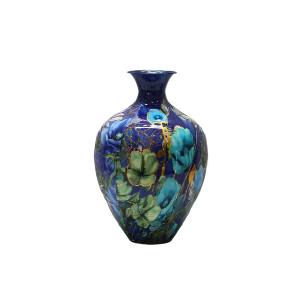 Vaso Decorativo Blu Cobalto con Fiori Azzurri e Dettagli Oro