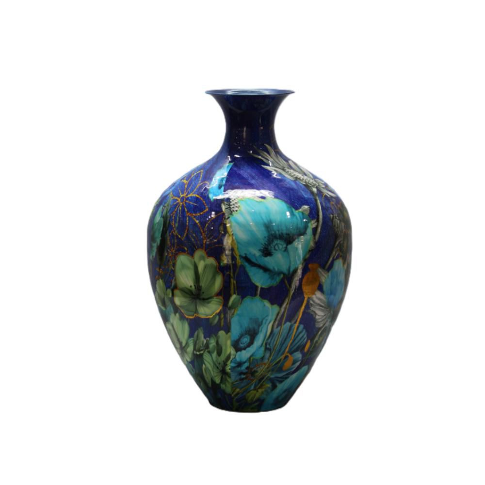 Vaso Decorativo Blu Cobalto con Fiori Azzurri e Dettagli Oro
