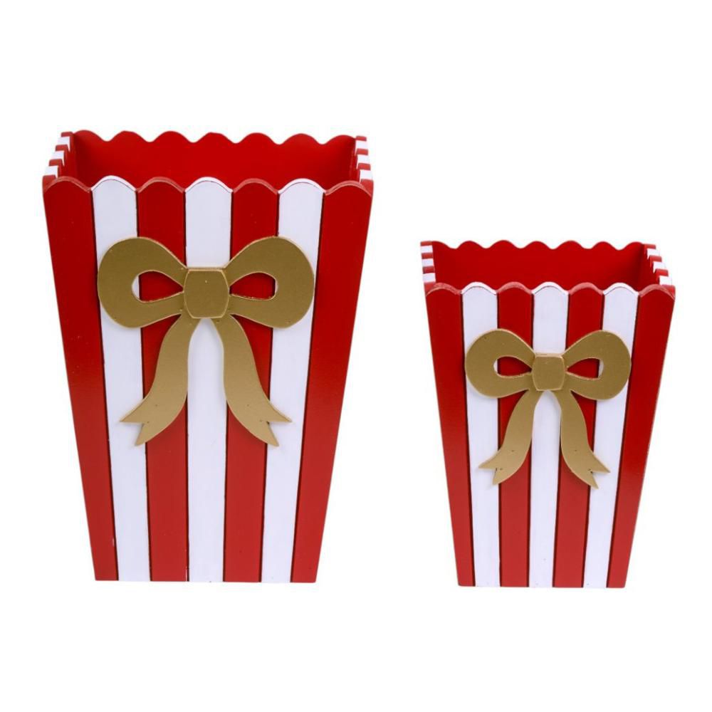 SET 2 VASI LEGNO RIGHE D.18-13,5 CM H. 26-20 CM BIANCO/ROSSO