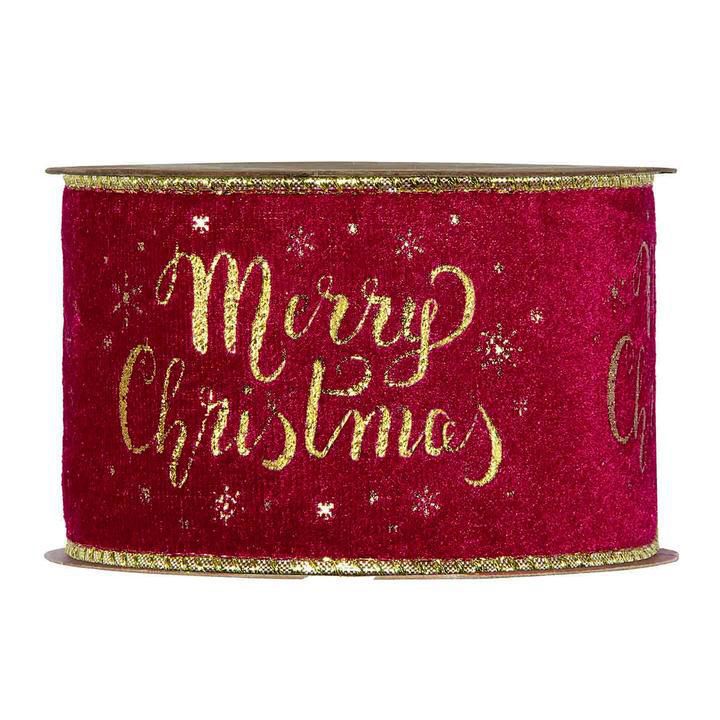 NASTRO VELLUTO C/BORDO ANIMATO -MERRY XMAS- 63MM 10MT ROSSO/ORO