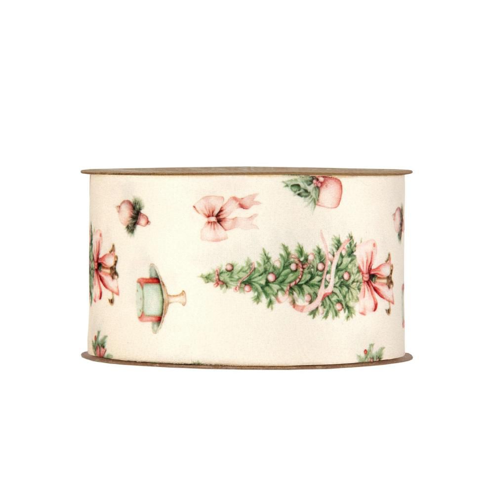 NASTRO VELLUTO STAMPATO-CHRISTMAS TREE- 63MM 10MT AVORIO/VERDE