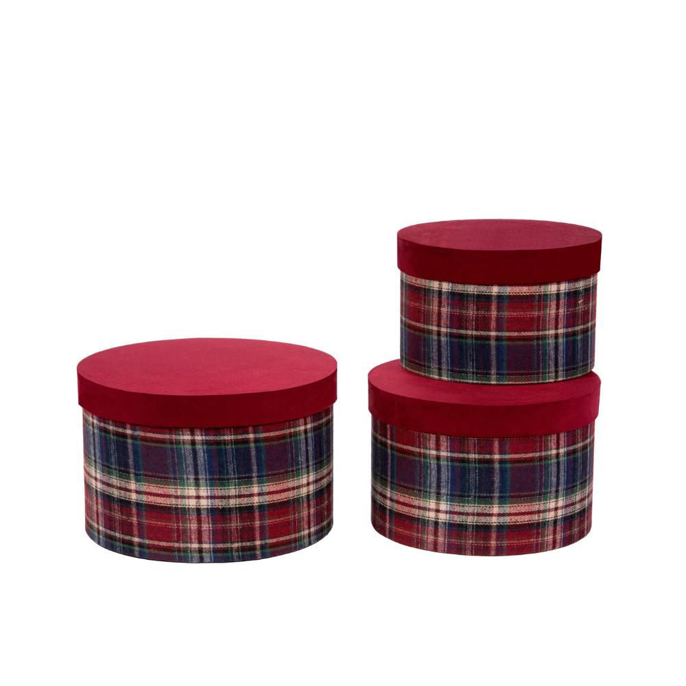 SET 3 SCATOLE TESSUTO D.23,5-21,5-19 H.15,5-14-12,5 TARTAN/ROSSO
