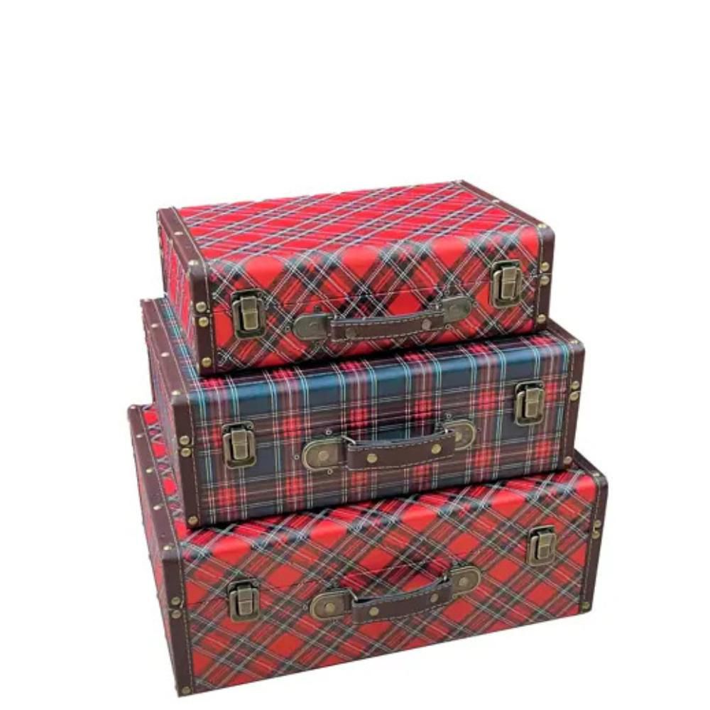SET 3 VALIGIE MDF E PELLE 40X30 CM H.15 CM ROSSO/BLU/VERDE